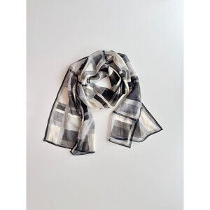 Vintage HALSTON Ivory Black Grey Check Silk Georgettte 56" x 13" Rectangle Scarf